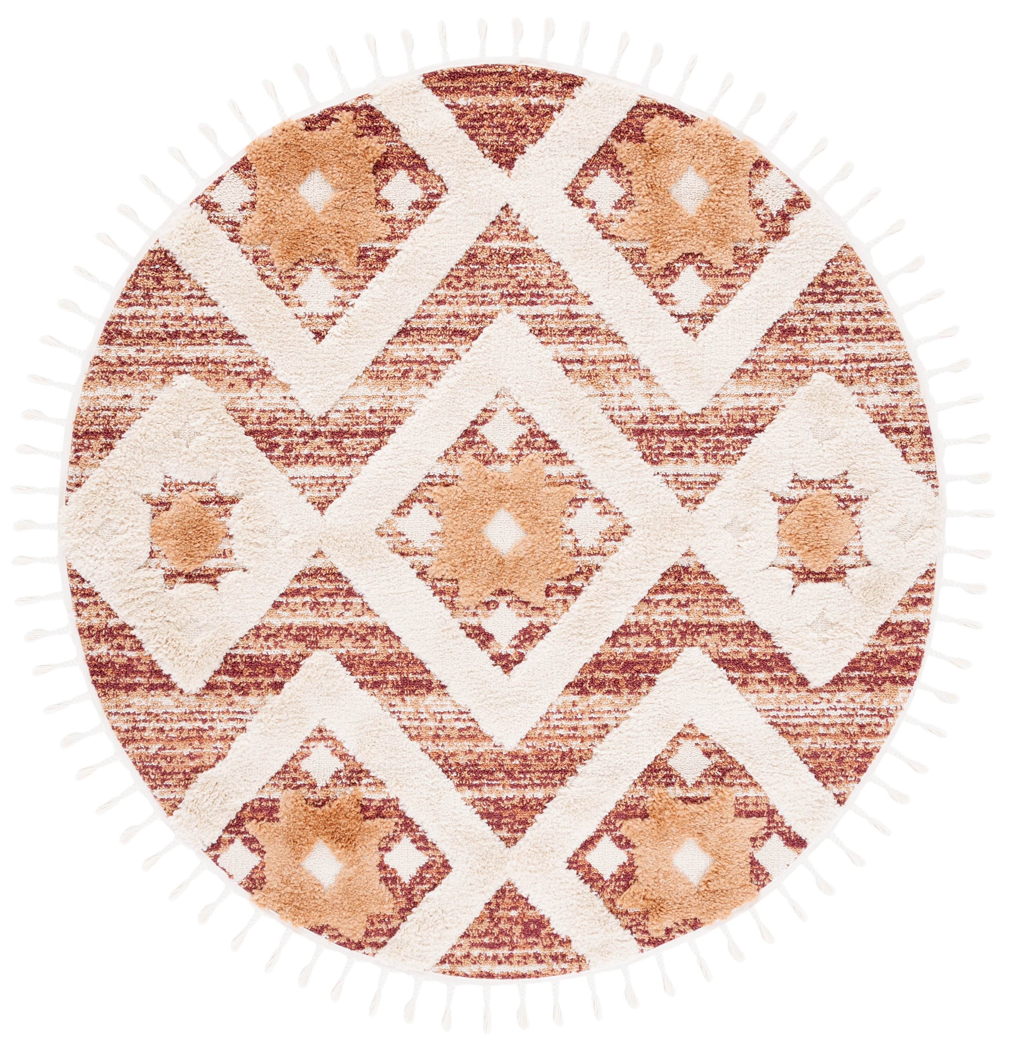 Rust and Ivory Round Geometric Shag Rug with Braided Tassels