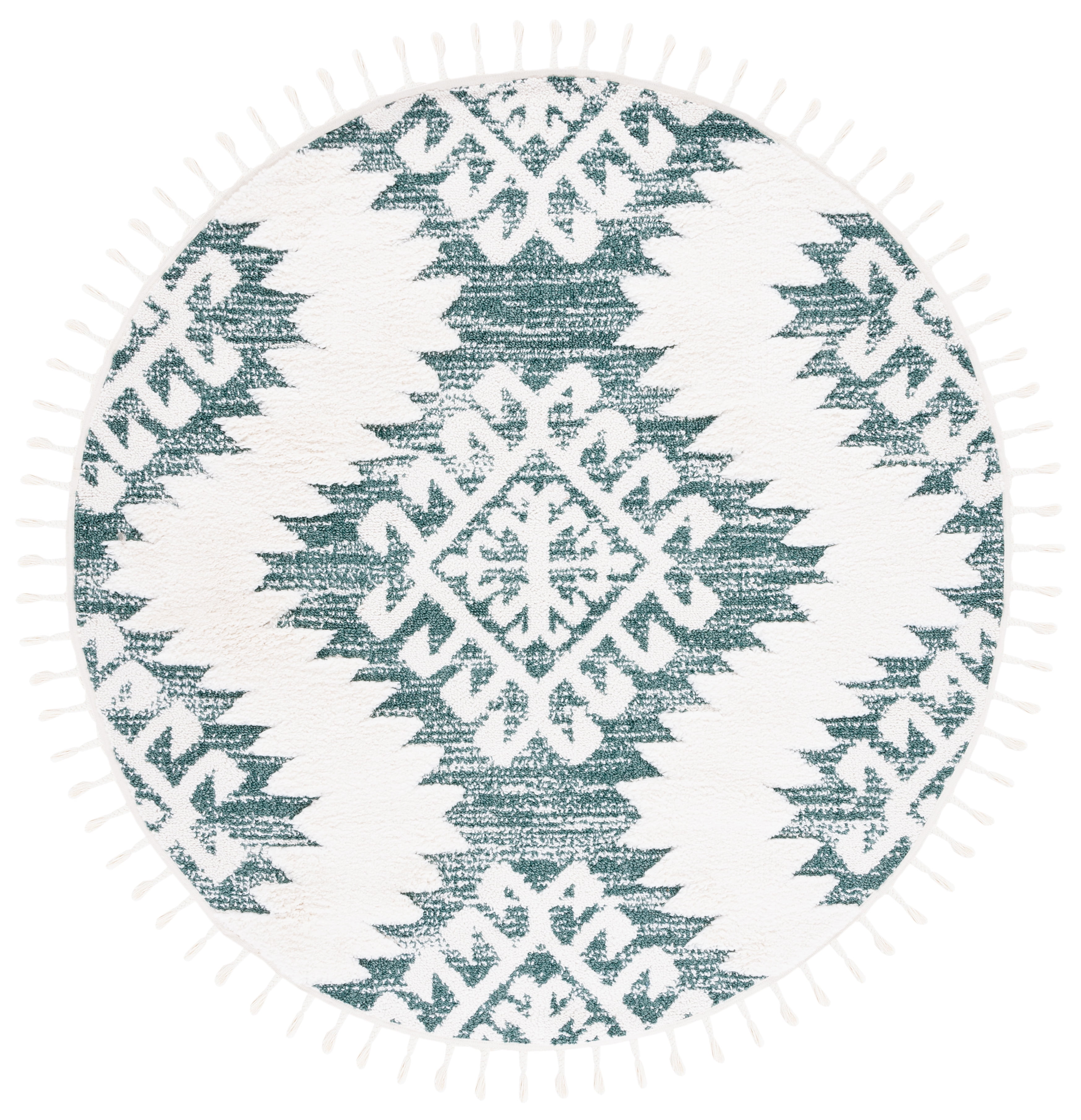 SAFAVIEH Moroccan Tassel Desmond Southwestern Shag Area Rug, Green/Ivory, 6'7" x 6'7" Round