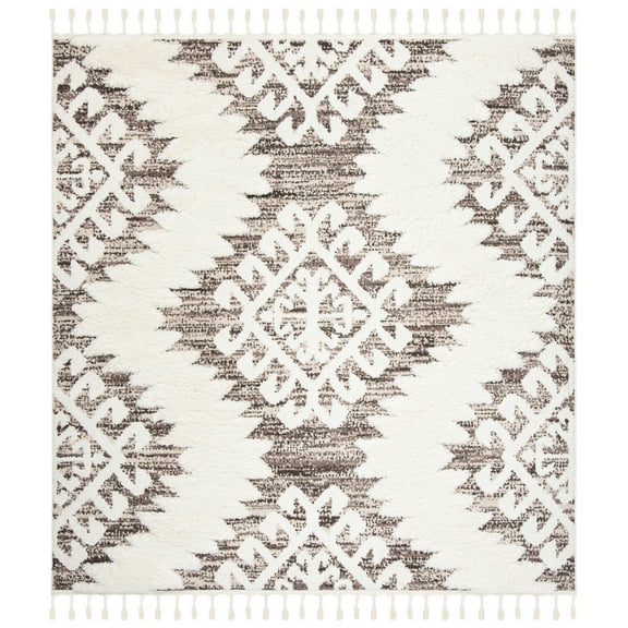 SAFAVIEH Moroccan Tassel Desmond Southwestern Shag Area Rug, Ivory/Brown, 10' x 10' Square