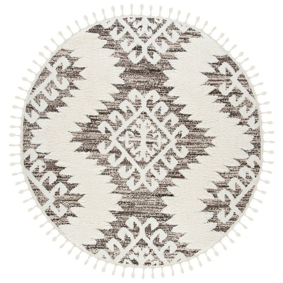 SAFAVIEH Moroccan Tassel Desmond Southwestern Shag Area Rug, Ivory/Brown, 3' x 3' Round