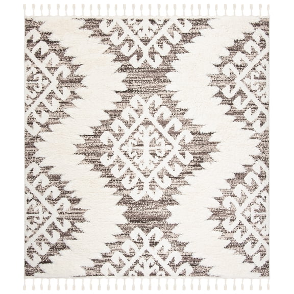 SAFAVIEH Moroccan Tassel Desmond Southwestern Shag Area Rug, Ivory/Brown, 8' x 8' Square