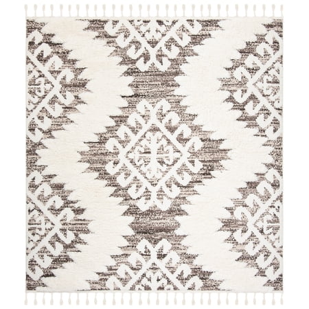 SAFAVIEH Moroccan Tassel Desmond Southwestern Shag Area Rug, Ivory/Brown, 9' x 9' Square