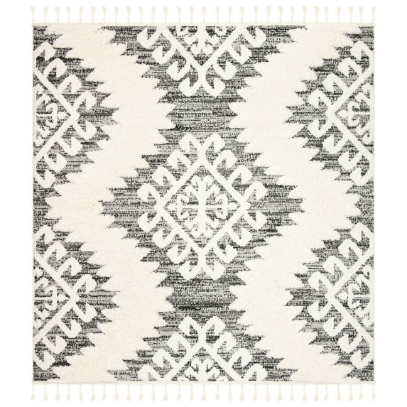SAFAVIEH Moroccan Tassel Desmond Southwestern Shag Area Rug, Ivory/Grey, 3' x 3' Square