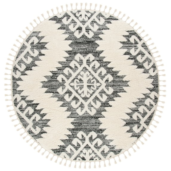 SAFAVIEH Moroccan Tassel Desmond Southwestern Shag Area Rug, Ivory/Grey, 4' x 4' Round