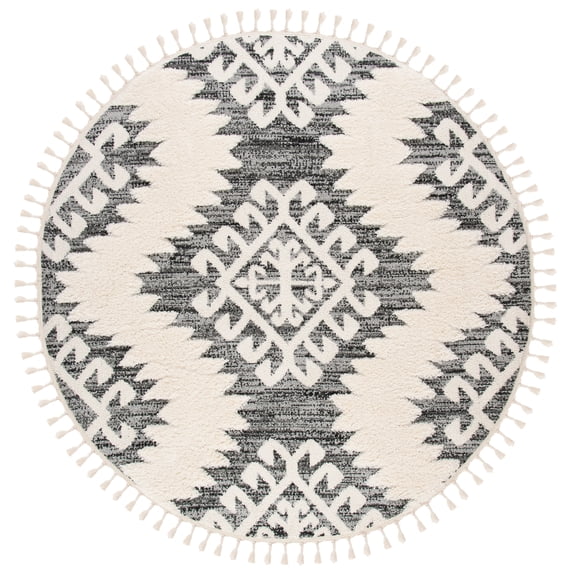 SAFAVIEH Moroccan Tassel Desmond Southwestern Shag Area Rug, Ivory/Grey, 5'3" x 5'3" Round