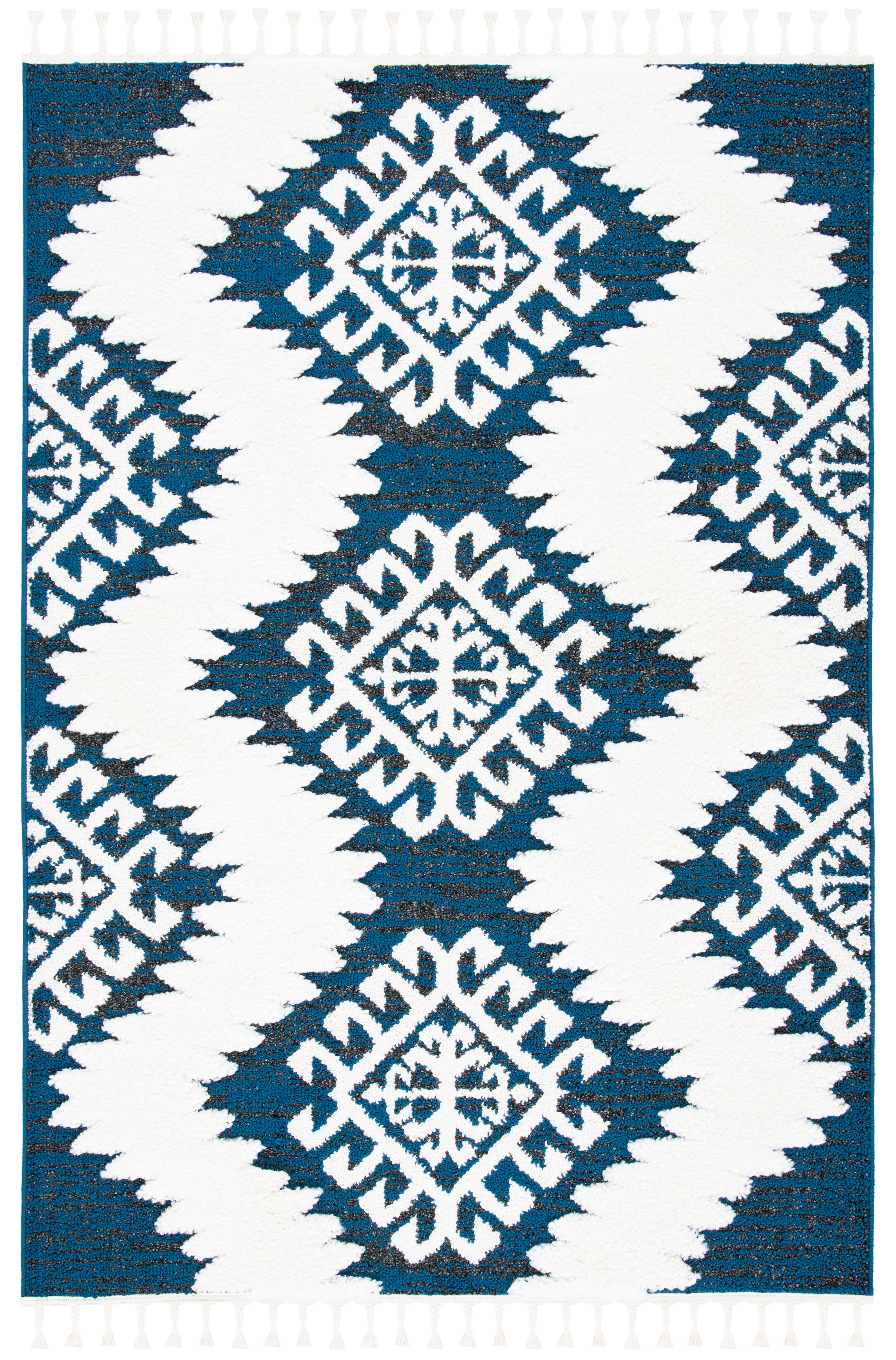SAFAVIEH Moroccan Tassel Desmond Southwestern Shag Area Rug, Navy/Ivory, 10' x 14'