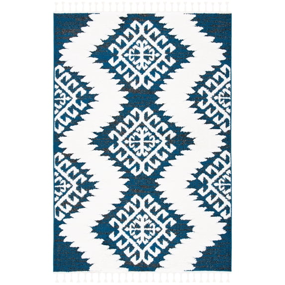 SAFAVIEH Moroccan Tassel Desmond Southwestern Shag Area Rug, Navy/Ivory, 3' x 5'