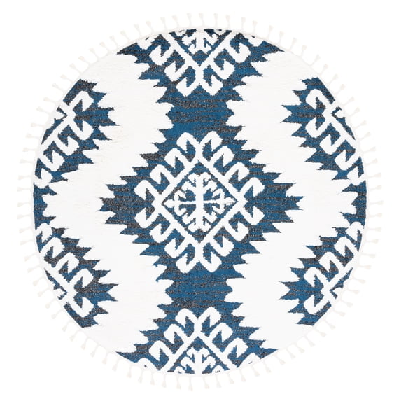 SAFAVIEH Moroccan Tassel Desmond Southwestern Shag Area Rug, Navy/Ivory, 6'7" x 6'7" Round