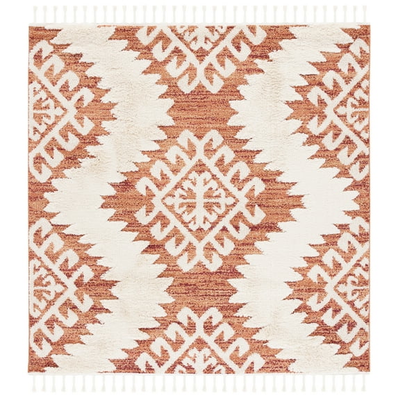 SAFAVIEH Moroccan Tassel Desmond Southwestern Shag Area Rug, Orange/Ivory, 6'7" x 6'7" Square