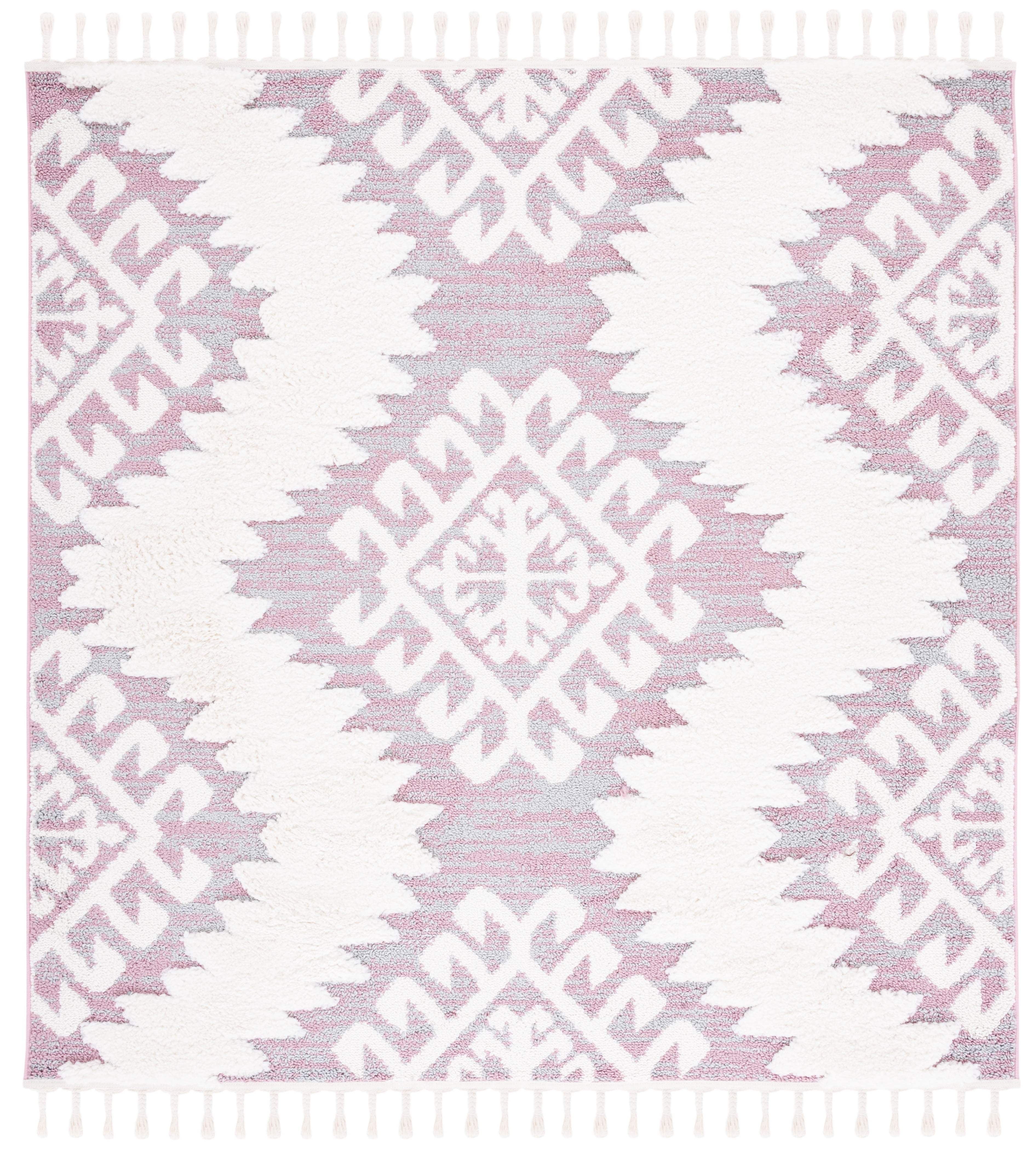 SAFAVIEH Moroccan Tassel Desmond Southwestern Shag Area Rug, Pink/Ivory, 6'7" x 6'7" Square