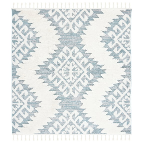 SAFAVIEH Moroccan Tassel Desmond Southwestern Shag Area Rug, Teal/Ivory, 6'7" x 6'7" Square