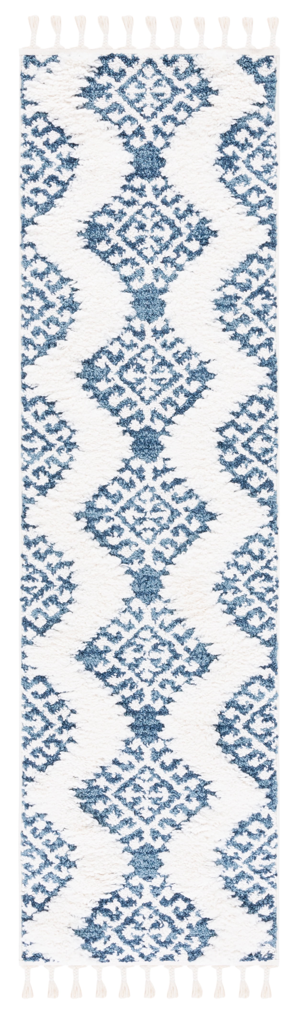 SAFAVIEH Moroccan Tassel Desmond Southwestern Shag Runner Rug, Blue/Ivory, 2'3" x 8'