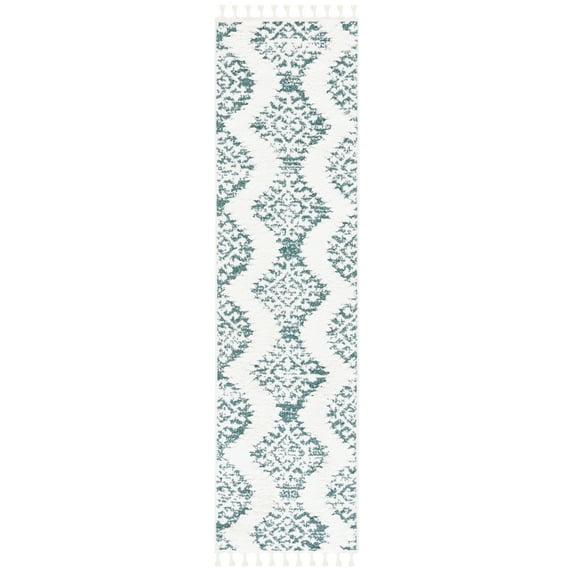SAFAVIEH Moroccan Tassel Desmond Southwestern Shag Runner Rug, Green/Ivory, 2'3" x 8'