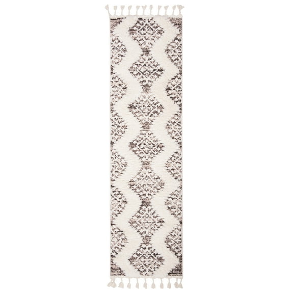 SAFAVIEH Moroccan Tassel Desmond Southwestern Shag Runner Rug, Ivory/Brown, 2'3" x 16'