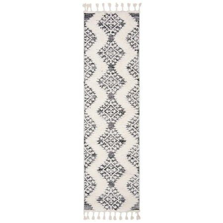 SAFAVIEH Moroccan Tassel Desmond Southwestern Shag Runner Rug, Ivory/Grey, 2'3" x 12'