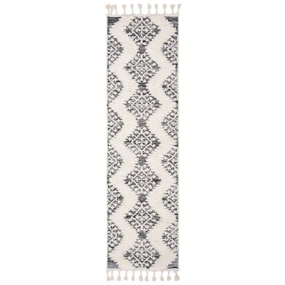 SAFAVIEH Moroccan Tassel Desmond Southwestern Shag Runner Rug, Ivory/Grey, 2'3" x 12'