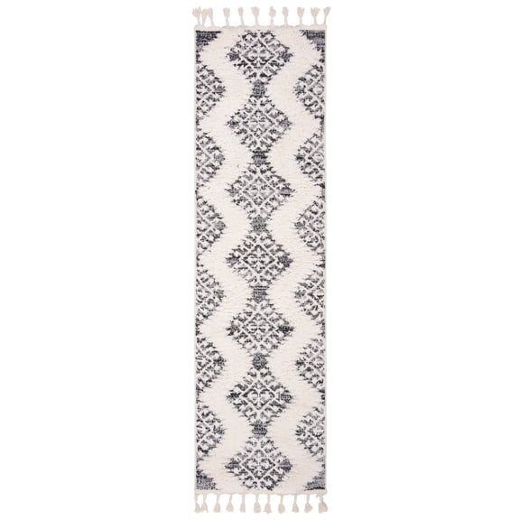 SAFAVIEH Moroccan Tassel Desmond Southwestern Shag Runner Rug, Ivory/Grey, 2'3" x 16'