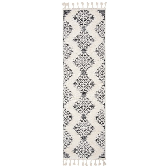 SAFAVIEH Moroccan Tassel Desmond Southwestern Shag Runner Rug, Ivory/Grey, 2'3" x 6'