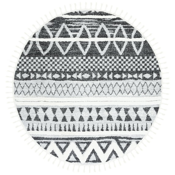 SAFAVIEH Moroccan Tassel Ekaterina Southwestern Shag Area Rug, Grey/Black, 6'7" x 6'7" Round