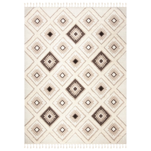 SAFAVIEH Moroccan Tassel Elsie Abstract Shag Area Rug, Ivory/Brown, 3' x 5'