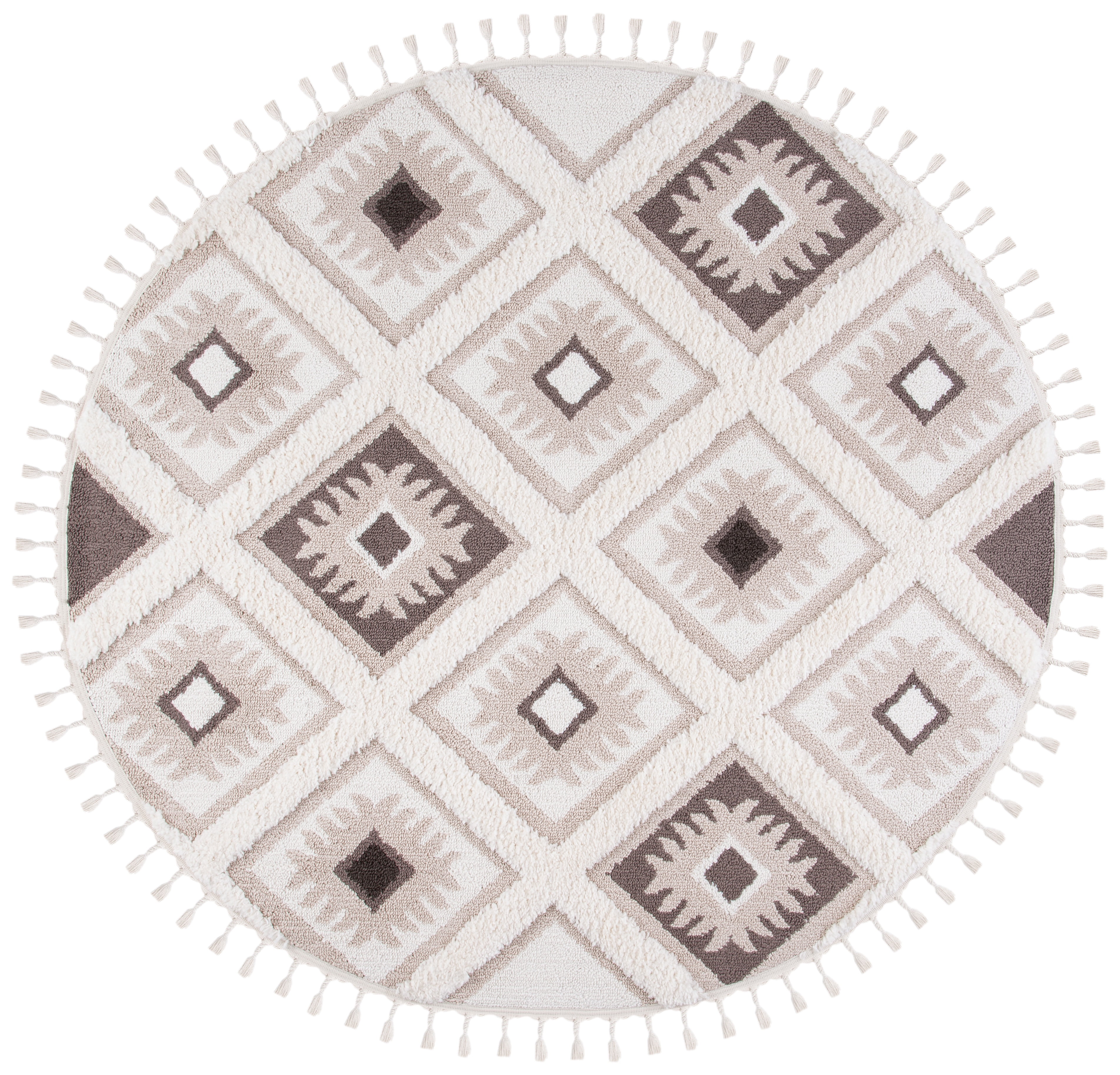 SAFAVIEH Moroccan Tassel Elsie Abstract Shag Area Rug, Ivory/Brown, 4' x 4' Round