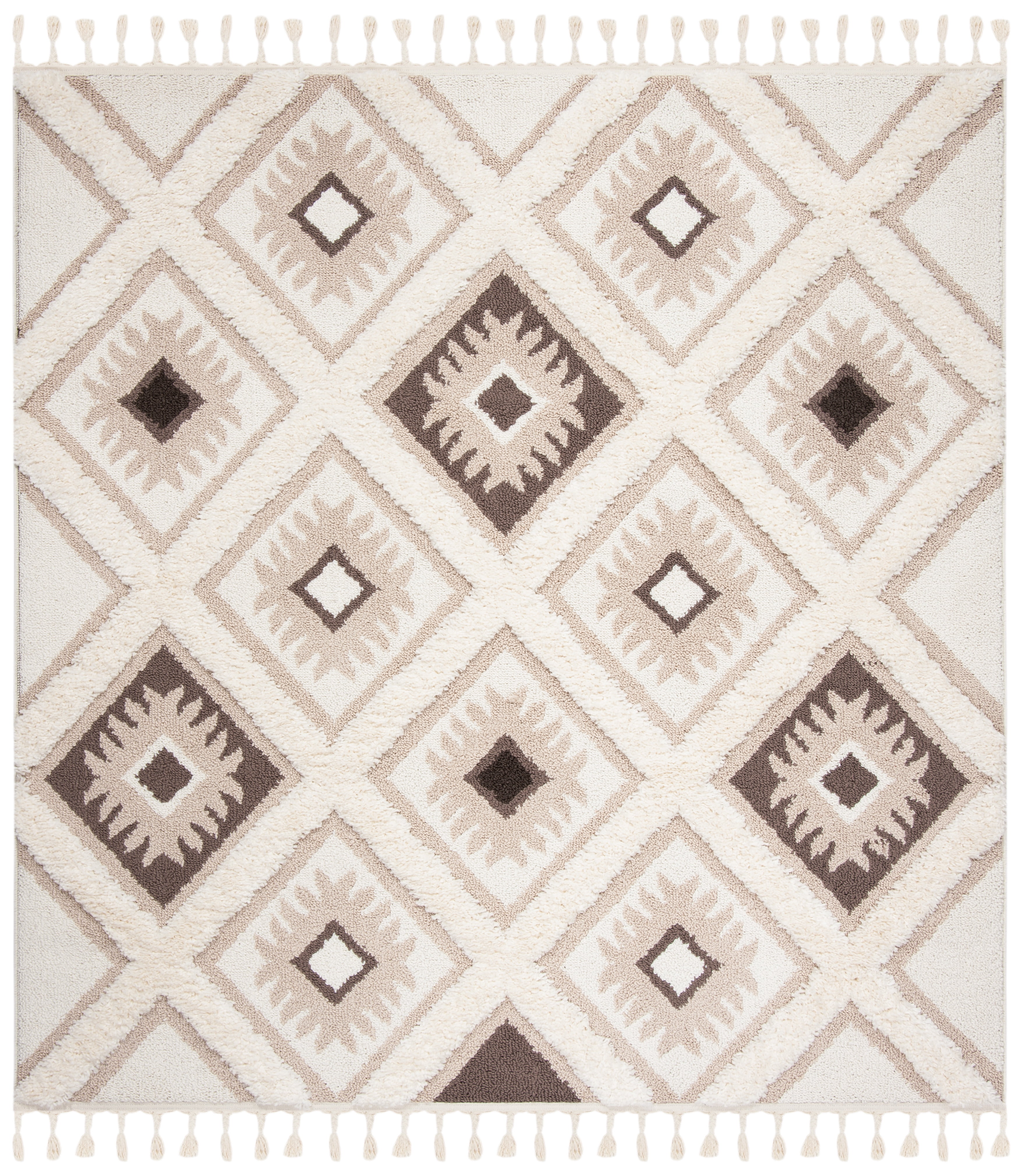 SAFAVIEH Moroccan Tassel Elsie Abstract Shag Area Rug, Ivory/Brown, 4' x 4' Square