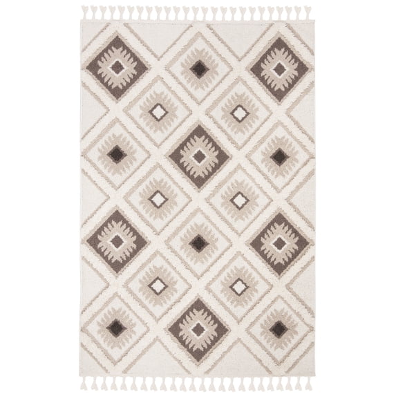 SAFAVIEH Moroccan Tassel Elsie Abstract Shag Area Rug, Ivory/Brown, 6'7" x 9'2"