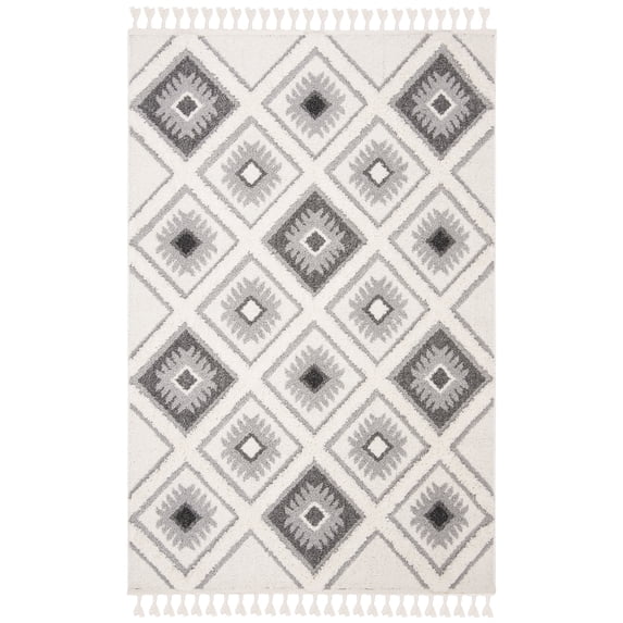 SAFAVIEH Moroccan Tassel Elsie Abstract Shag Area Rug, Ivory/Grey, 2'3" x 4'