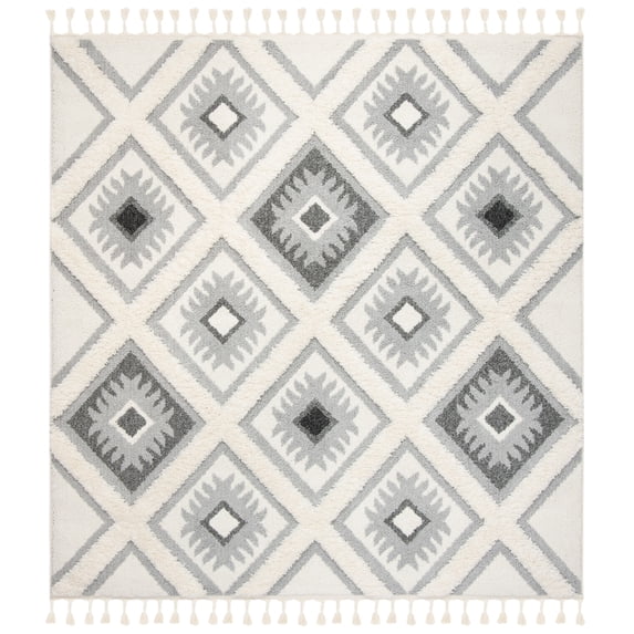 SAFAVIEH Moroccan Tassel Elsie Abstract Shag Area Rug, Ivory/Grey, 4' x 4' Square