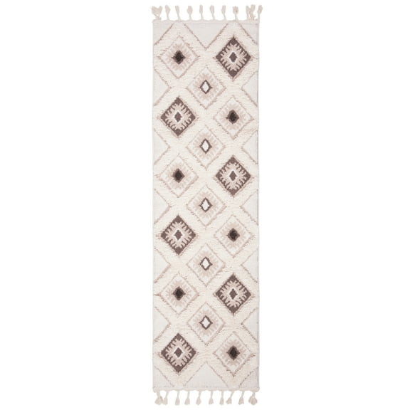 SAFAVIEH Moroccan Tassel Elsie Abstract Shag Runner Rug, Ivory/Brown, 2'3" x 12'