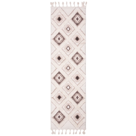 SAFAVIEH Moroccan Tassel Elsie Abstract Shag Runner Rug, Ivory/Brown, 2'3" x 8'
