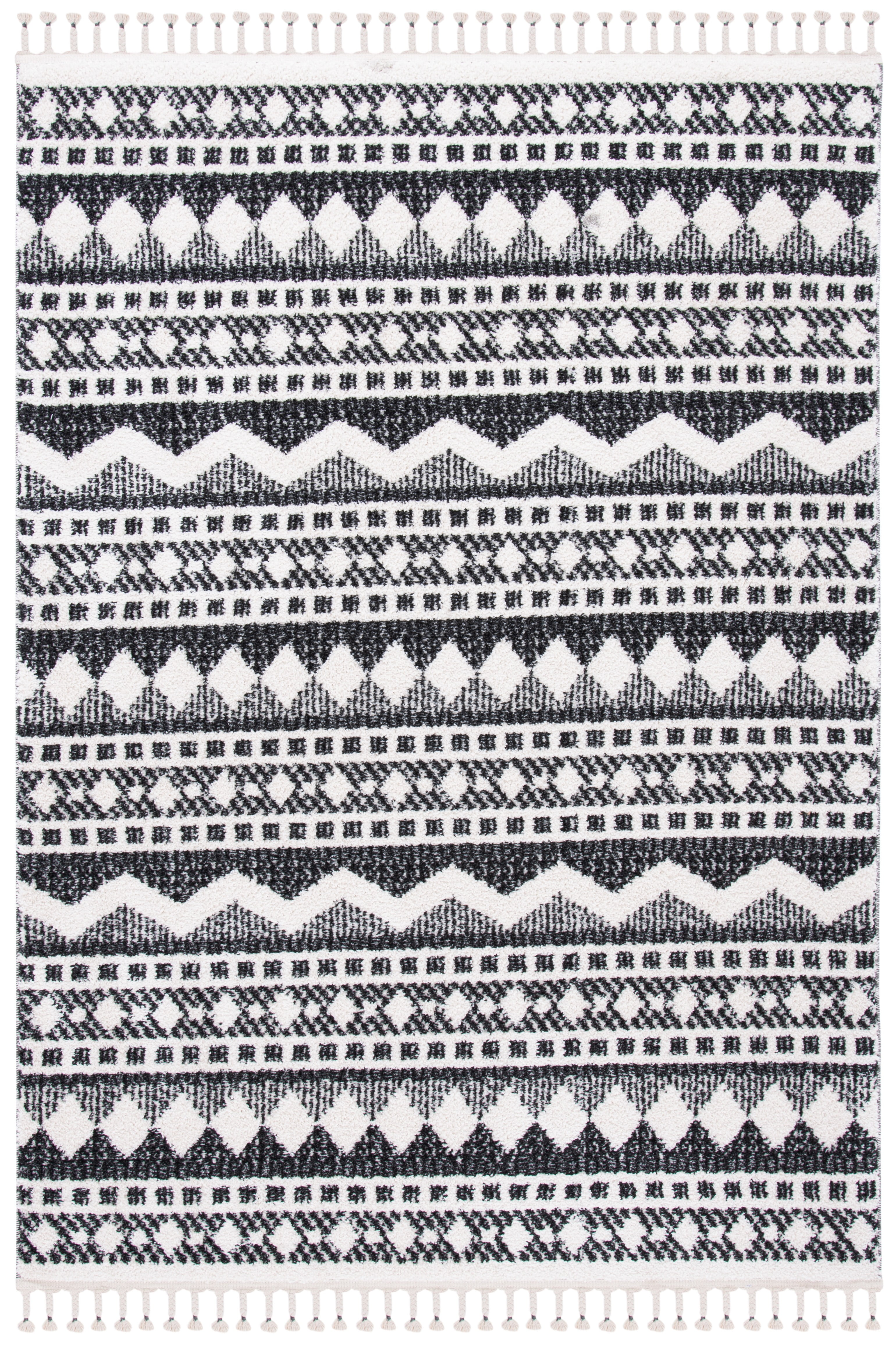Ivory and Black Braided Diamond Shag Rectangular Rug