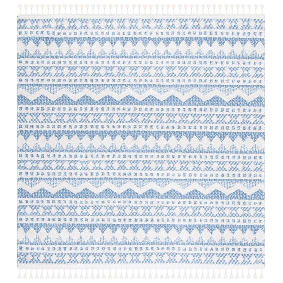 SAFAVIEH Moroccan Tassel Fallon Southwestern Shag Area Rug, Ivory/Light Blue, 6'7" x 6'7" Square