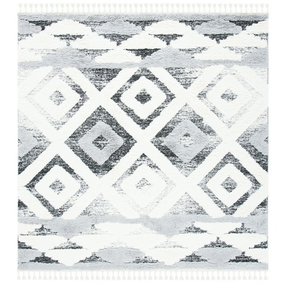 SAFAVIEH Moroccan Tassel Freddy Medallion Shag Area Rug, Grey/Ivory, 6'7" x 6'7" Square