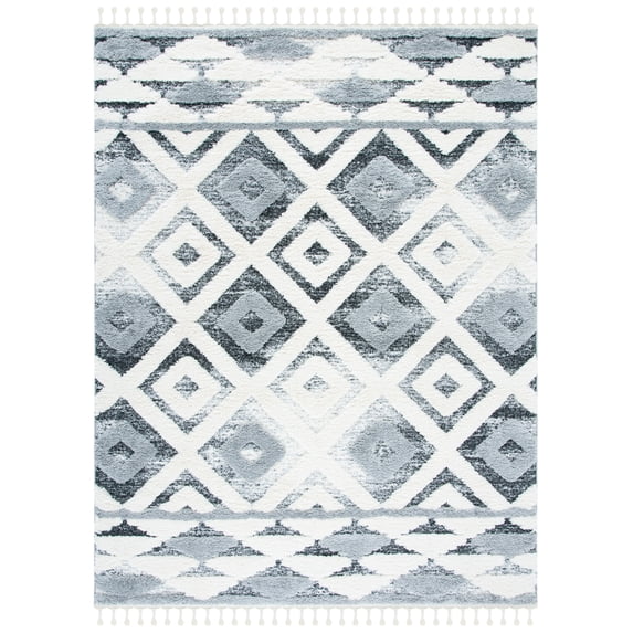 SAFAVIEH Moroccan Tassel Freddy Medallion Shag Area Rug, Grey/Ivory, 9' x 12'