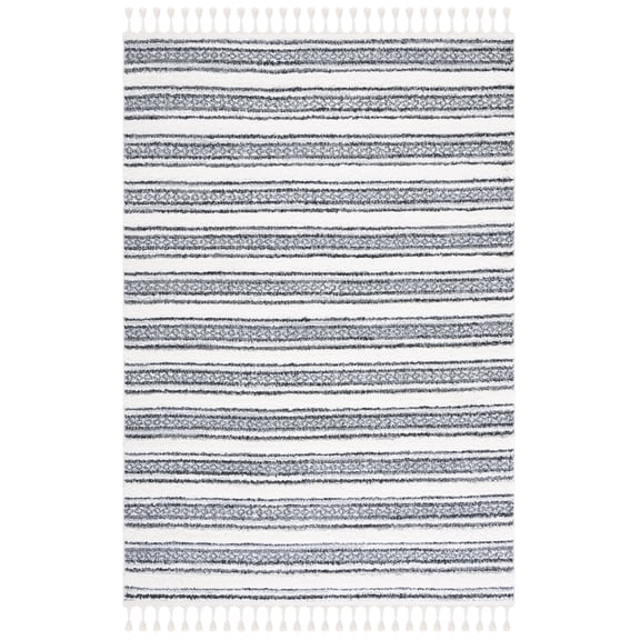 SAFAVIEH Moroccan Tassel Joss Striped Shag Area Rug, Grey/Ivory, 4' x 6'