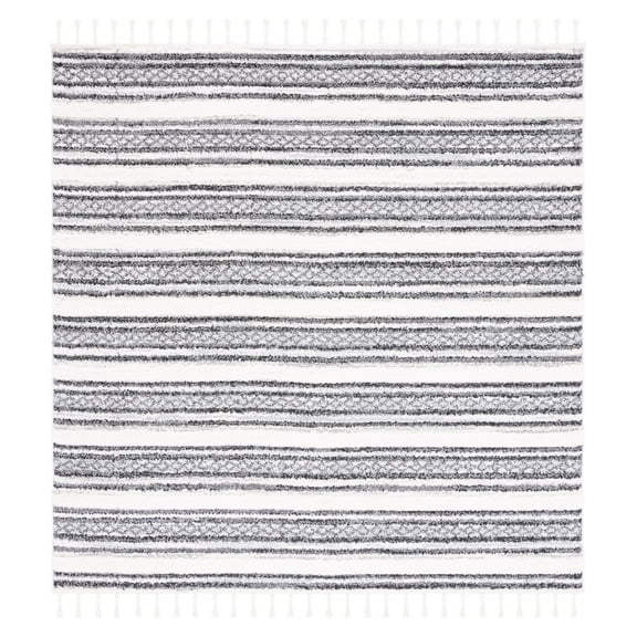SAFAVIEH Moroccan Tassel Joss Striped Shag Area Rug, Grey/Ivory, 6'7" x 6'7" Square