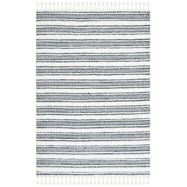 SAFAVIEH Moroccan Tassel Joss Striped Shag Area Rug, Grey/Ivory, 6'7" x 9'2"
