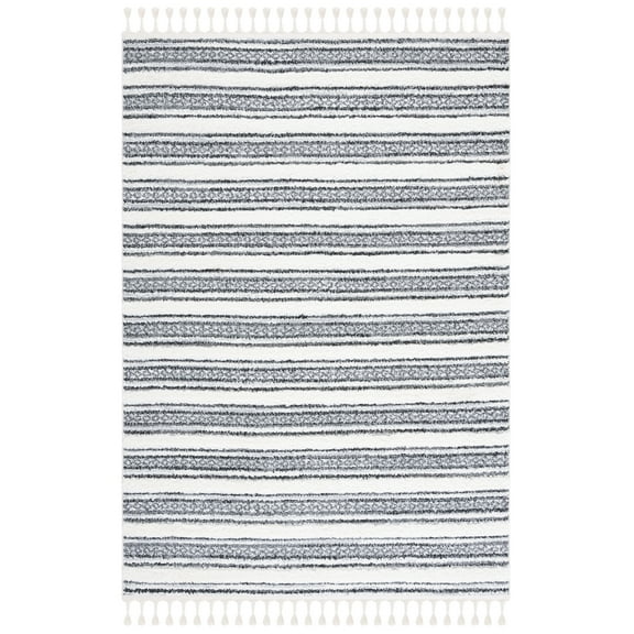 SAFAVIEH Moroccan Tassel Joss Striped Shag Area Rug, Grey/Ivory, 6'7" x 9'2"
