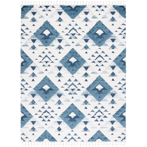 SAFAVIEH Moroccan Tassel Larry Geometric Shag Area Rug, Blue/Ivory, 10' x 14'