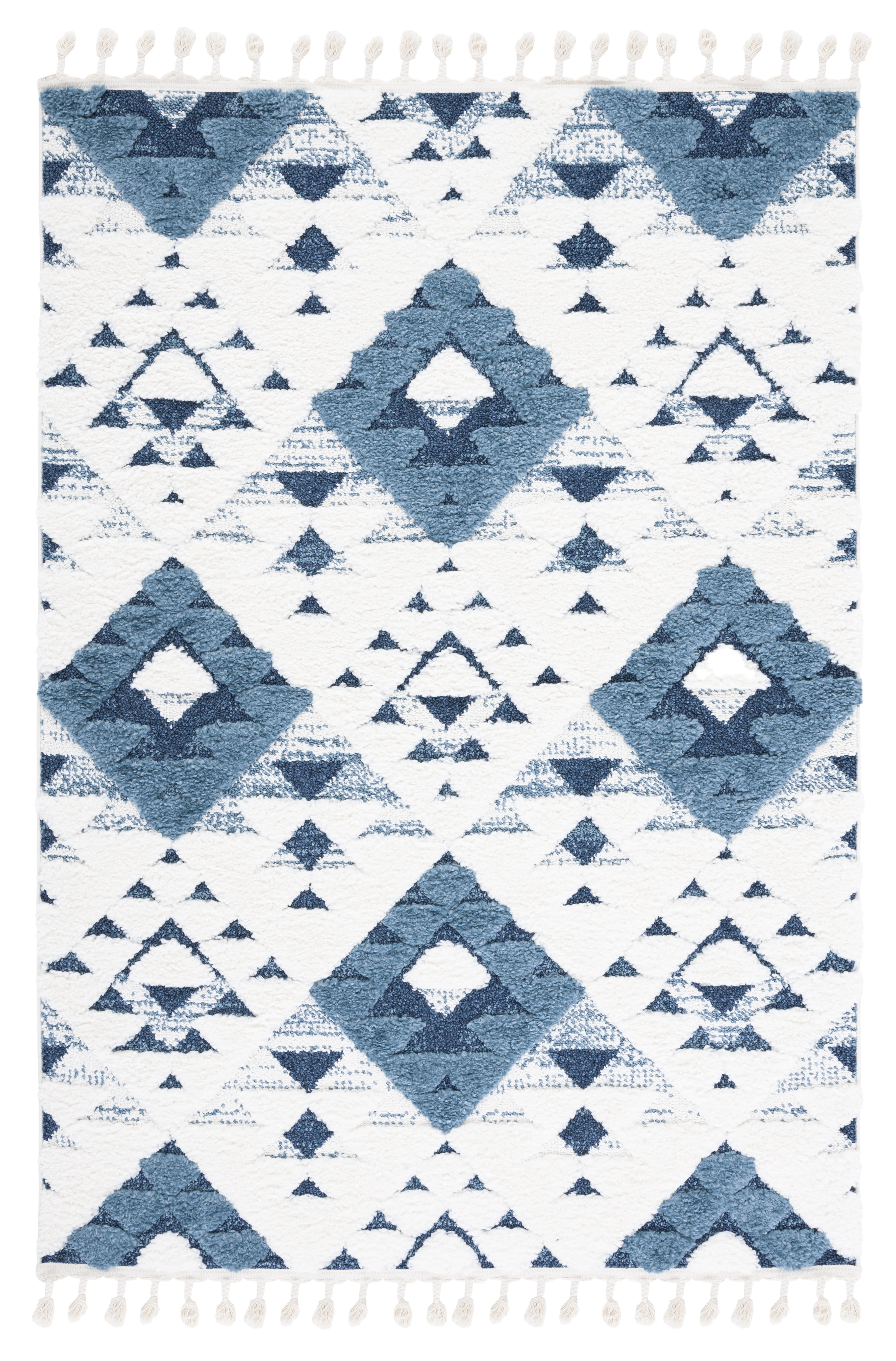 SAFAVIEH Moroccan Tassel Larry Geometric Shag Area Rug, Blue/Ivory, 3' x 5'