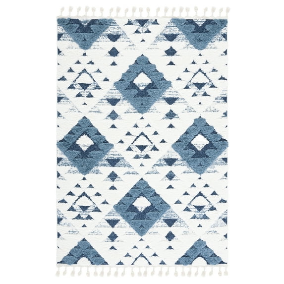 SAFAVIEH Moroccan Tassel Larry Geometric Shag Area Rug, Blue/Ivory, 3' x 5'