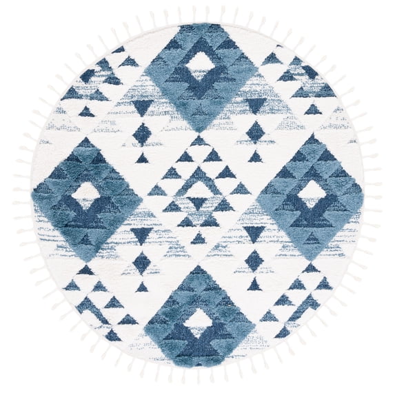 SAFAVIEH Moroccan Tassel Larry Geometric Shag Area Rug, Blue/Ivory, 5'3" x 5'3" Round