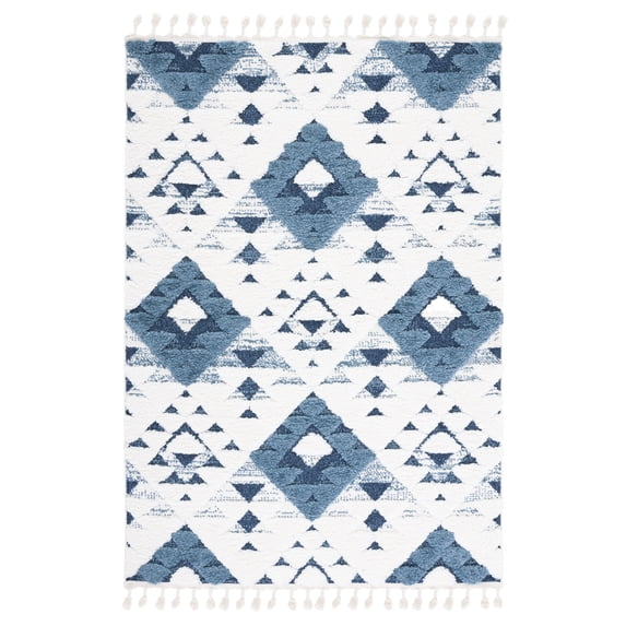SAFAVIEH Moroccan Tassel Larry Geometric Shag Area Rug, Blue/Ivory, 5'3" x 7'6"