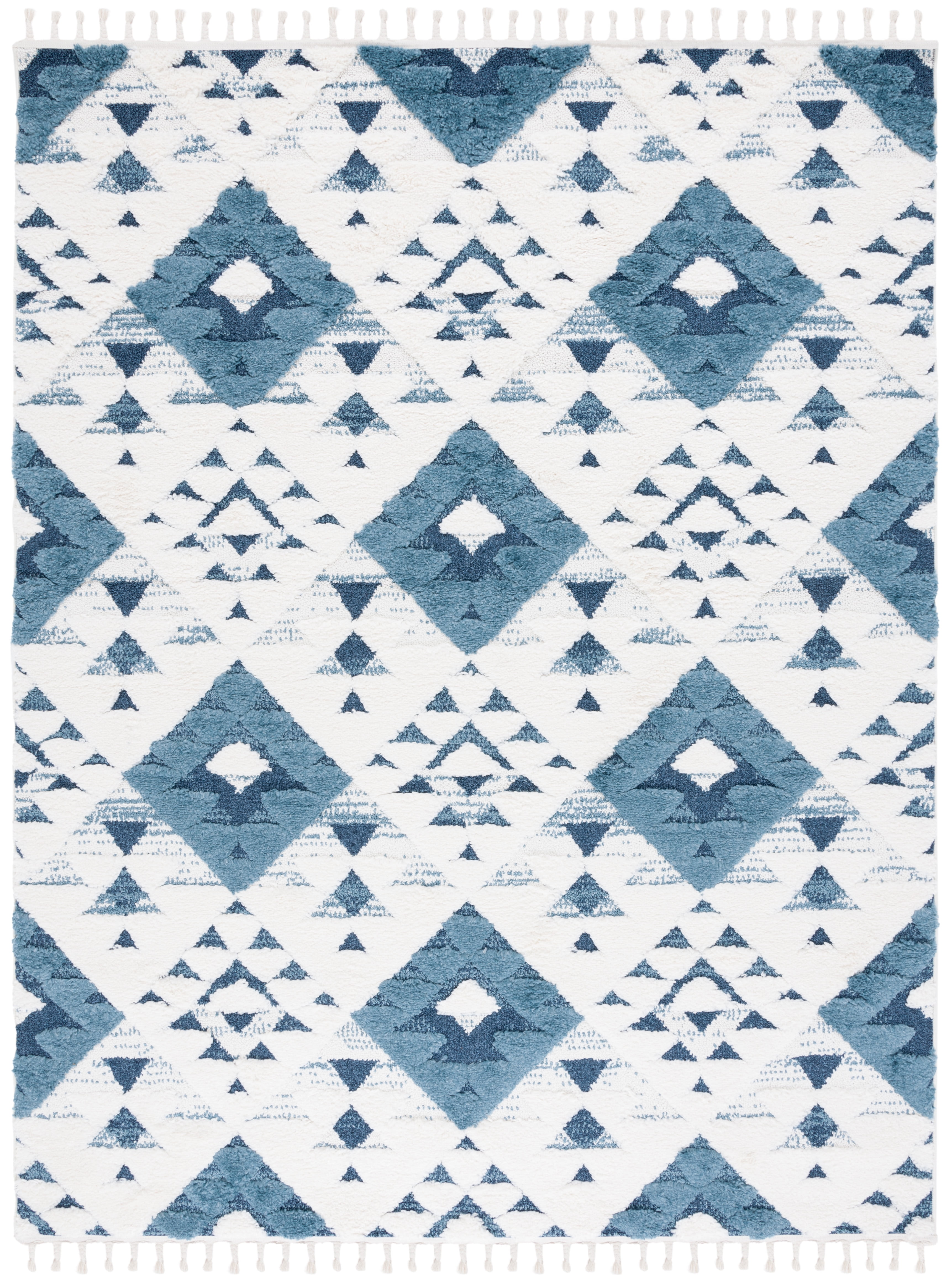 Ivory and Blue Diamond Shag Synthetic Area Rug
