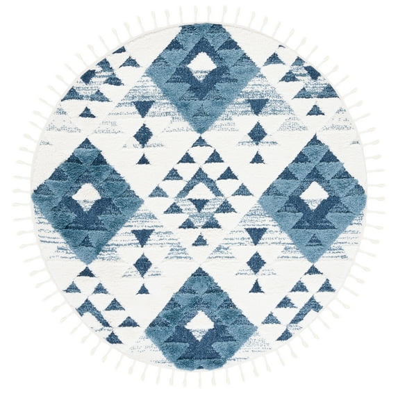 SAFAVIEH Moroccan Tassel Larry Geometric Shag Area Rug, Blue/Ivory, 8' x 8' Round