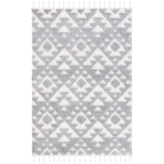 SAFAVIEH Moroccan Tassel Larry Geometric Shag Area Rug, Gray/Ivory, 4' x 6'