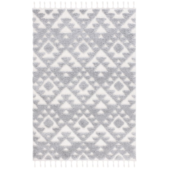 SAFAVIEH Moroccan Tassel Larry Geometric Shag Area Rug, Gray/Ivory, 9' x 12'
