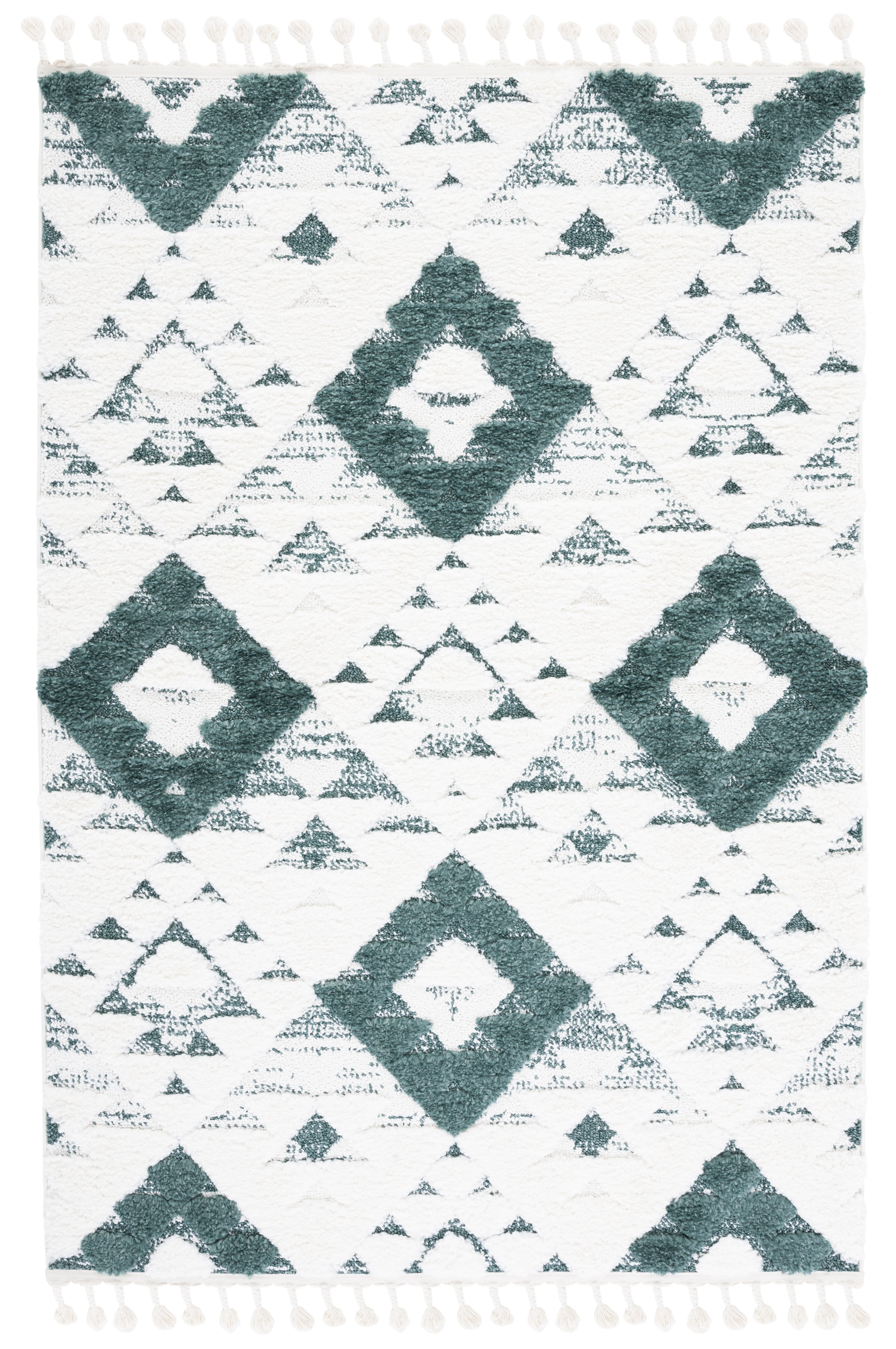 SAFAVIEH Moroccan Tassel Larry Geometric Shag Area Rug, Green/Ivory, 5'3" x 7'6"