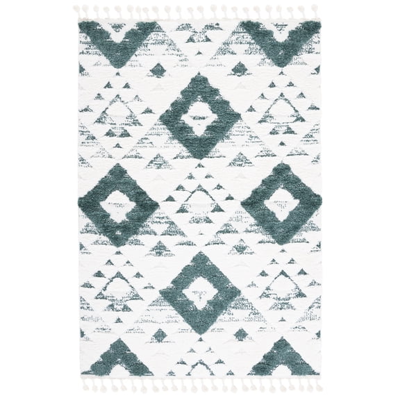 SAFAVIEH Moroccan Tassel Larry Geometric Shag Area Rug, Green/Ivory, 5'3" x 7'6"